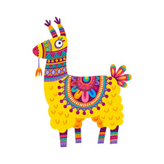 Knitted llama toy with flowers print in ethnic design, kids toy. Vector cartoon llama or cute alpaca, comic peruvian animal, peruvian decoration on neck - obrazy, fototapety, plakaty