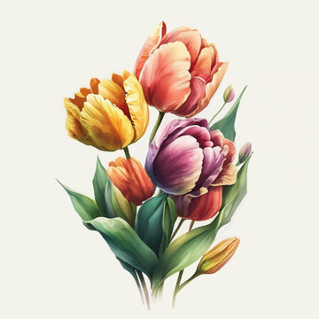 Frame decorated with flowers, tulips for women's day, March 8, mother's day, Feliz dia de la madre, vector watercolor style