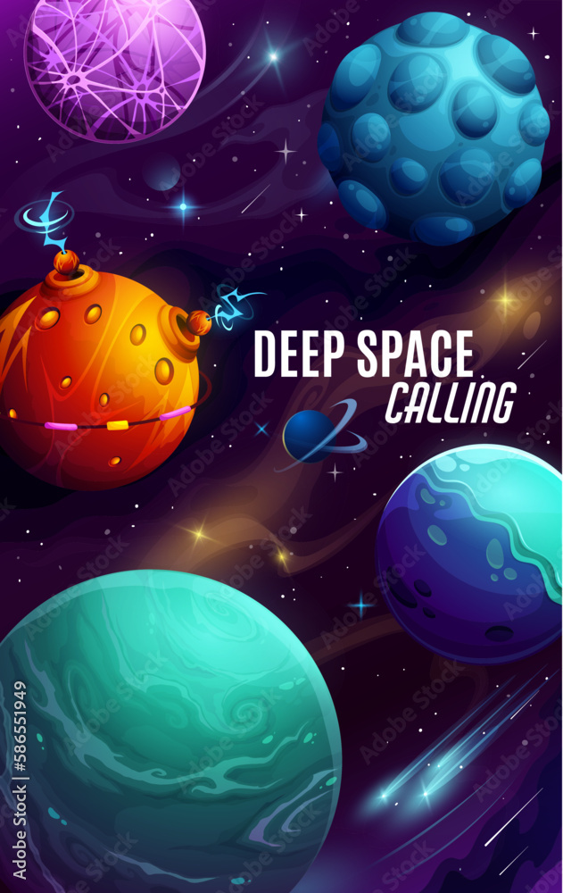 Aufkleber cartoon galaxy space planets poster. vector background with deep space calling text. universe extrat