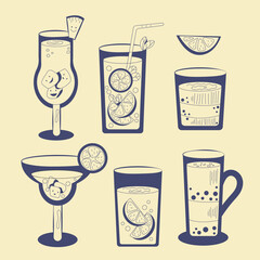 Groovy set of drink and cocktail in glass. Retro beverage mojito and pina colada, coffee with ice amd lime.