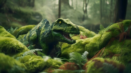 Obraz premium T-Rex with moss in the deep forest, Tyrannosaurus rex dinosaur, generative AI