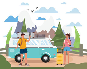 Illustration of a couple ready doing road trip with a minivan. Travel, hiking, tourism, driving, road trip concept illustration.
