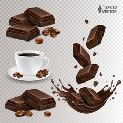 Realistic vector chocolate set. Hot espresso with coffee beans. Pieces of dark chocolate falling into a liquid splash. Food illustration.