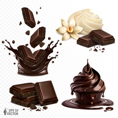 Dark chocolate pieces falling into a liquid splash. Realistic chocolate cake with cream. Vanilla dessert. 3d vector illustration set