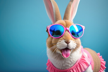 Fototapeta na wymiar Happy cute rabbit wearing swimsuit and sunglasses posing with open mouth and sticking tounge in blue background. Copy space. Ai generation. Concept of happines and summer vacation