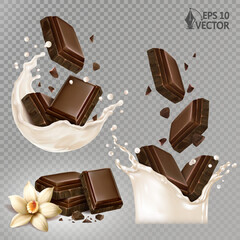 Set of chocolate pieces in milk splash isolated on white background. Realistic chocolate slices falling into milk splash. Vanilla flavor. 3d vector food illustration