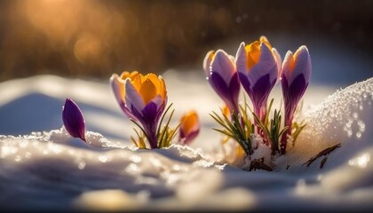 Close up of First Spring Flowers coming out of the last snow - Sunny Spring Theme - Generative Ai Illustration 