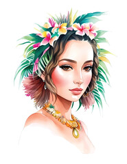 woman, flowers tropical leaves, abstract. Watercolor
