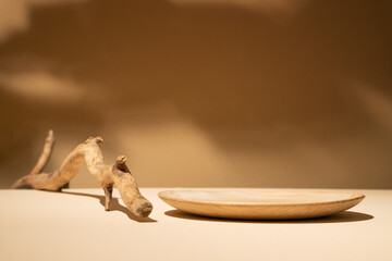 Rustic wood podium. Background for products, food, cosmetics or jewellery.  Front view.	
