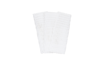 Plastic mesh net vertical orientation and horizontal. Blank covered shockproof foam net for fruits protection. protective packaging netting sleeves Isolated on cut out PNG. Sticky, soft resistant