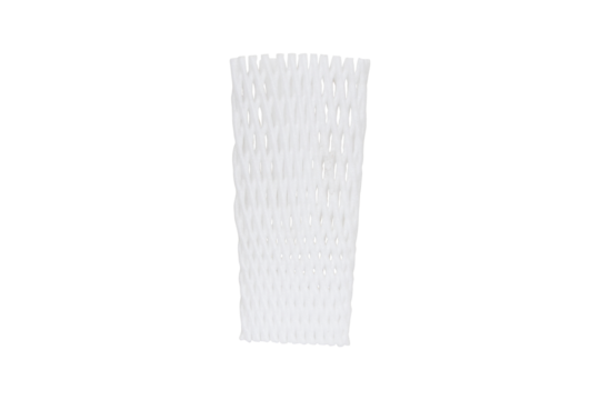 Plastic mesh net vertical orientation. Blank covered shockproof foam net for fruits protection. protective packaging netting sleeves. Isolated on cut out PNG. Sticky, soft, impact resistant.	