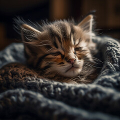 An extremely cute and tired kitten with tiger furr sleeping in a soft and grey blanket - Generative AI