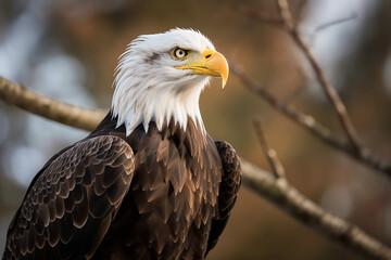 Obraz premium A clos up of an eagle staring into emptiness, black and white feathers and stunning yellow beak - Generative AI