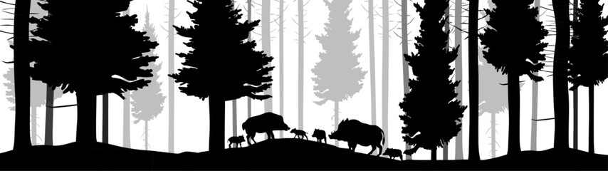 Black silhouette of forest woods wild boar family animals and forest trees camping adventure wildlife hunting landscape panorama illustration icon vector for logo, isolated on white background