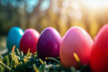 Fototapeta na wymiar Beautiful close-up photo of colorful and vibrant easter eggs made with generative AI