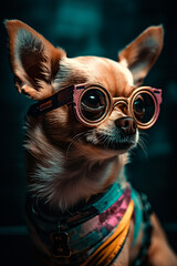chihuahua dog wearing glasses - obrazy, fototapety, plakaty