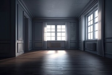an Empty Room with Two Windows and a Radiator. Generative AI