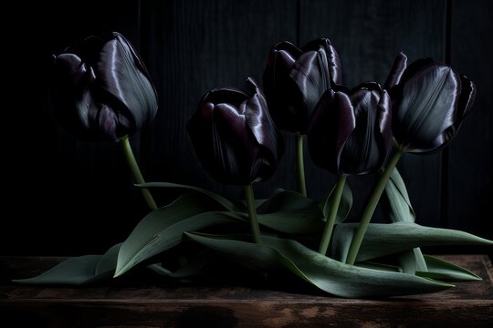 Black tulips on black background. Minimalistic contemporary bunch of elegant spring flowers. AI generated image. 