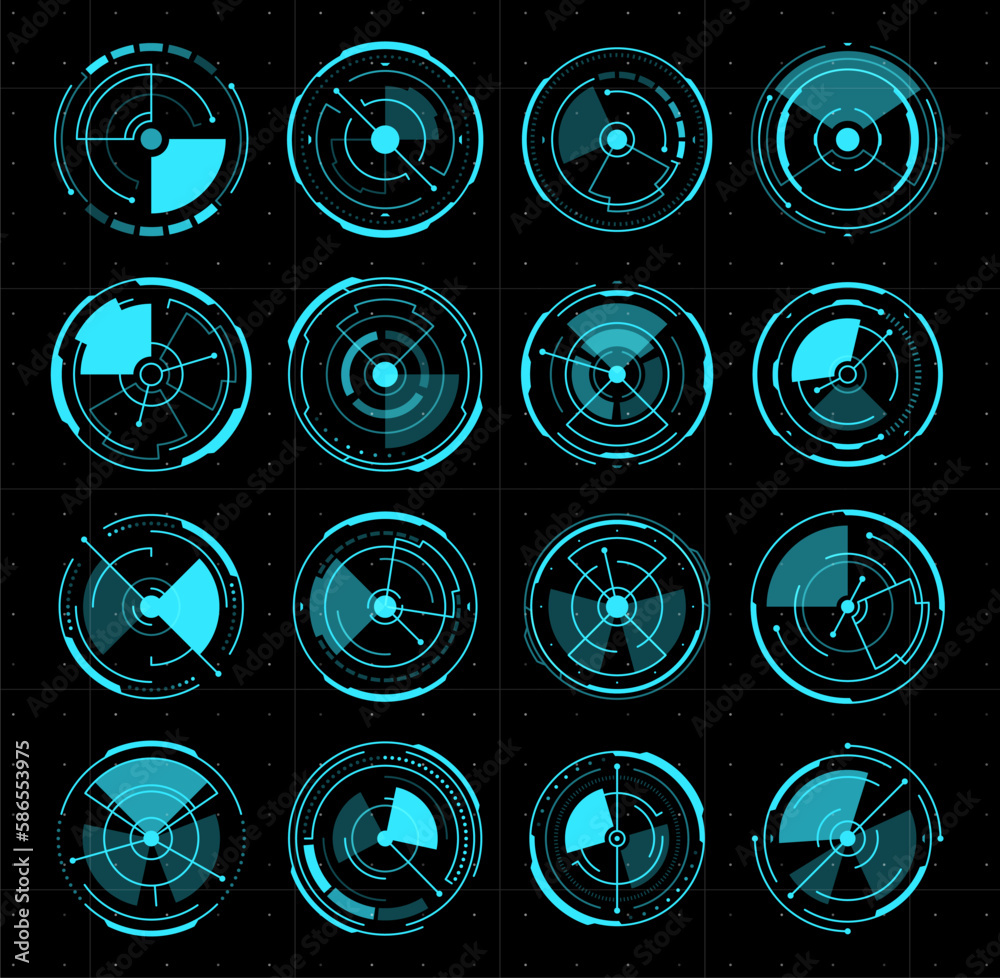 Aufkleber HUD tracking sonar, aim control target and navigation interface elements, vector game UI. HUD round radars and sonar futuristic circles for digital screen or location tracking dashboard display