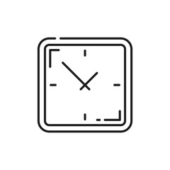 Clock timer outline icon, isolated alarm stopwatch. Vector watch face with vintage square dial. Black and white timepiece, antique wall watch, time sign
