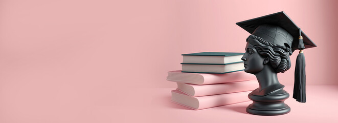 Plaster head of a woman in a traditional Graduate cap stands on academic books, pink background, minimalism. The concept of graduation from school, university, education, study - obrazy, fototapety, plakaty