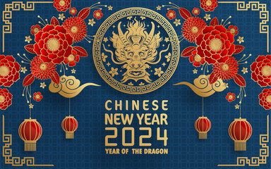 Happy chinese new year 2024 year of the chinese dragon zodiac with on color Background. ( Translation : happy new year, chinese dragon )