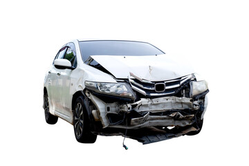 Front of white car get damaged by accident on the road. Broken cars after collision. auto accident, isolated on transparent background, PNG file