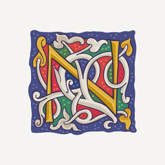 N letter drop cap logo with interlaced white vine and gilding calligraphy elements. Renaissance initial emblem.