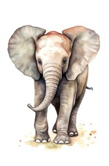 Fototapeta na wymiar Cartoon watercolor illustration of a cute elephant on white background. Generative AI.