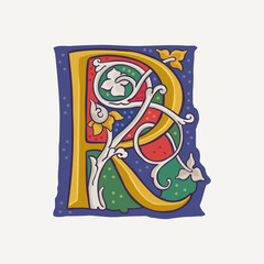 R letter drop cap logo with interlaced white vine and gilding calligraphy elements. Renaissance initial emblem.