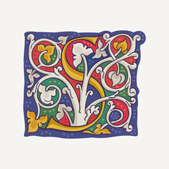 S letter drop cap logo with interlaced white vine and gilding calligraphy elements. Renaissance initial emblem.