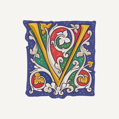 V letter drop cap logo with interlaced white vine and gilding calligraphy elements. Renaissance initial emblem.