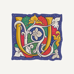 U letter drop cap logo with interlaced white vine and gilding calligraphy elements. Renaissance initial emblem.