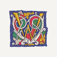 W letter drop cap logo with interlaced white vine and gilding calligraphy elements. Renaissance initial emblem.