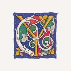Y letter drop cap logo with interlaced white vine and gilding calligraphy elements. Renaissance initial emblem.