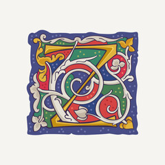 Z letter drop cap logo with interlaced white vine and gilding calligraphy elements. Renaissance initial emblem.