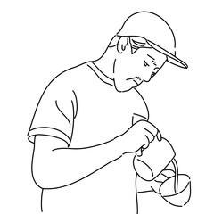 Illustration of barista pouring milk into coffee mug in coffeeshop