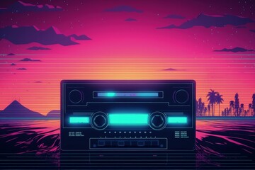 Old radio tape illustration, 80's style background, retro. Generative AI