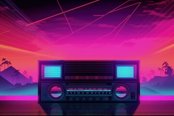 Fototapeta premium Antique radio illustration, 80s, retro style background. Generative AI