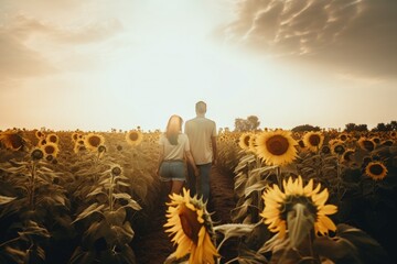 Fototapeta premium Landscape with couple back to back, sunflower field, sky and sun rays. Generative AI