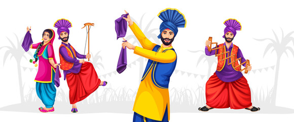 Punjabi dancing characters on the occasion of festivals like Lohri and Baisakhi. Group of people doing the Bhangra dance. Vector illustration design.