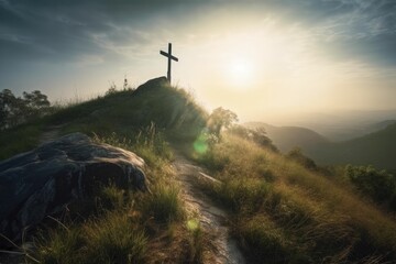 Obraz premium Landscape with cross on the hill, sun rays and clouds, Easter concept and crucifixion of Christ. Generative AI