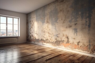 sunlit room with a wooden floor and a large window. Generative AI