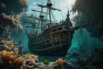 Illustration of deteriorated pirate ship on the bottom of the ocean, corals and algae, marine life. Generative AI