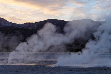 Hot springs of Banos de Puchuldiza in the Volcan Isluga National Park at sunrise, Geyser, Altiplano, Chile, South America