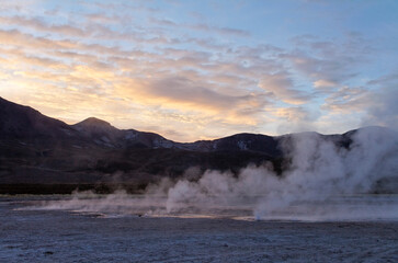 Hot springs of Banos de Puchuldiza in the Volcan Isluga National Park at sunrise, Geyser, Altiplano, Chile, South America