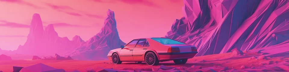 Wandcirkels plexiglas Futuristic custom car illustration, landscape in the background, vaporwave, retro style. Generative AI © Deivison