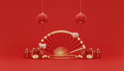 3d minimal stand podium with lantern and gift box on red background. celebration chinese new year. 3d rendering illustration.