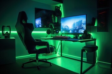 Gamer setup and chair illustration, room with neon lights. Generative AI