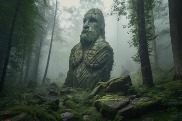 Fototapeta na wymiar Illustration of ancient stone statue in mystical forest, fantasy concept. Generative AI